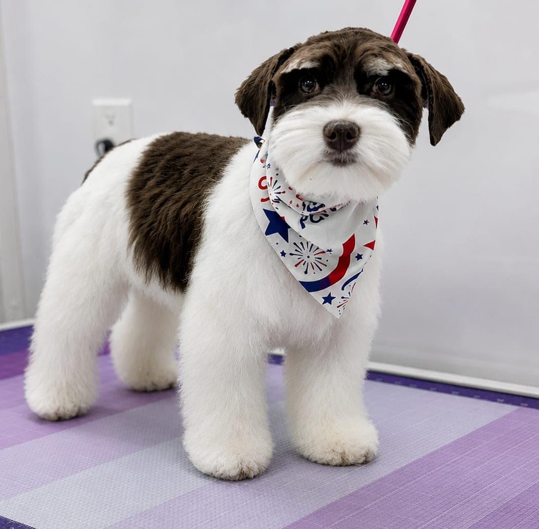 Brown-and-white schnauzer puppy ready for the camera