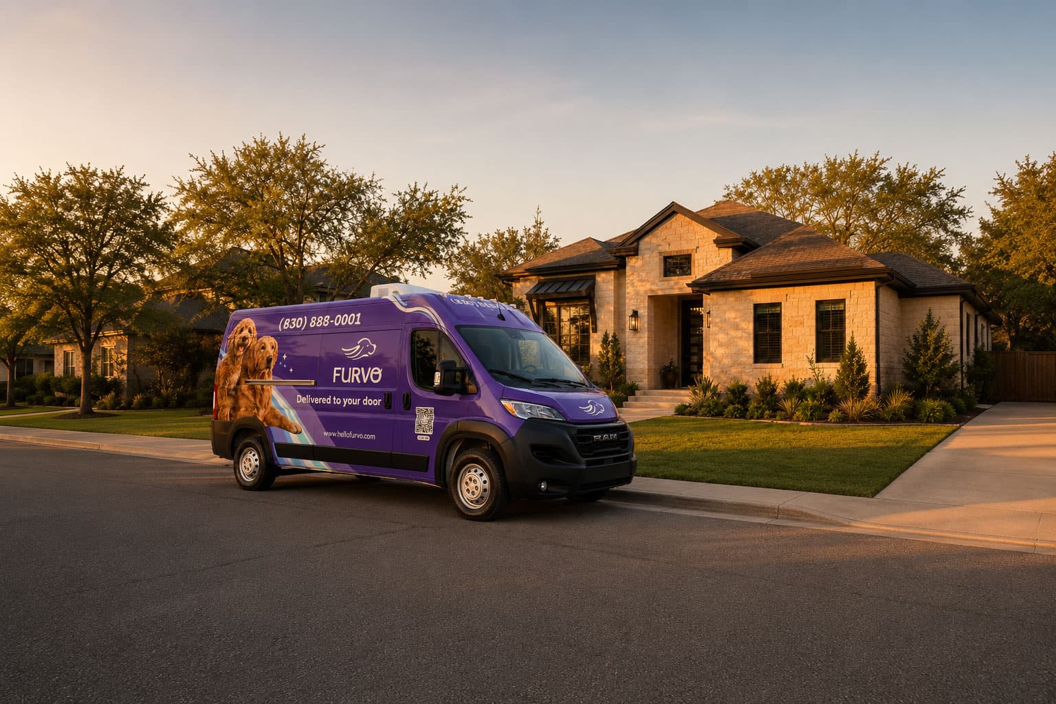 Furvo mobile grooming van parked in front of a San Antonio home at golden hour